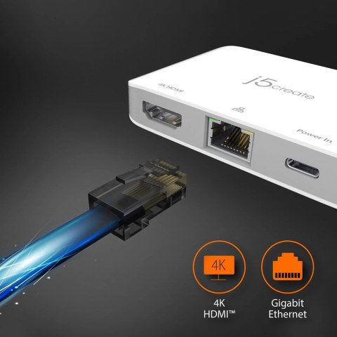 Stacja dokująca j5create USB-C to 4K HDMI Ethernet Adapter 1x4K HDMI/1xUSB-C/1xRJ45 Gigabit; kolor biały JCA351-N Stacja dokująca j5create USB-C to 4K HDMI Ethernet Adapter 1x4K HDMI/1xUSB-C/1xRJ45 Gigabit; kolor biały JCA351-N