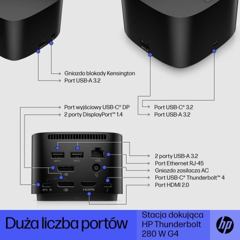 Stacja dokująca + zasilacz HP Thunderbolt G4 280W z przewodem combo czarna 4J0G4AA Stacja dokująca + zasilacz HP Thunderbolt G4 280W z przewodem combo czarna 4J0G4AA
