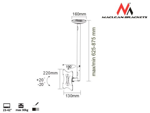 Uchwyt ścienny do telewizora Maclean MC-504S (Obrotowy, sufitowy, Uchylny - 42"; max. 30kg) Uchwyt ścienny do telewizora Maclean MC-504S (Obrotowy, sufitowy, Uchylny - 42"; max. 30kg)