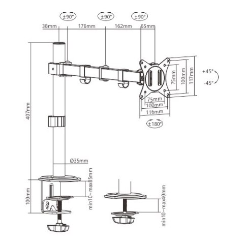 GEMBIRD BIURKOWE REGULOWANE RAMIĘ/UCHWYT NA MONITOR 17-32, VESA 100X100MM, DO 9KG GEMBIRD BIURKOWE REGULOWANE RAMIĘ/UCHWYT NA MONITOR 17-32, VESA 100X100MM, DO 9KG