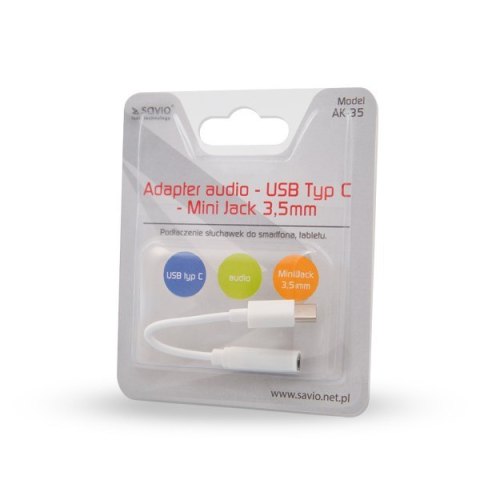 Adapter SAVIO AK-35 (Gniazdo typ C - Jack stereo 3,5 mm ; 0,12m; kolor biały) Adapter SAVIO AK-35 (Gniazdo typ C - Jack stereo 3,5 mm ; 0,12m; kolor biały)