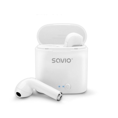Słuchawki bezprzewodowe SAVIO TWS-01 (douszne; bezprzewodowe, Bluetooth; z wbudowanym mikrofonem; kolor biały Słuchawki bezprzewodowe SAVIO TWS-01 (douszne; bezprzewodowe, Bluetooth; z wbudowanym mikrofonem; kolor biały