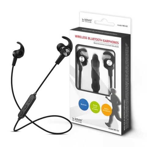 Słuchawki bezprzewodowe, z mikrofonem, ze słuchawkami SAVIO WE-02 (dokanałowe, sportowe; bezprzewodowe, Bluetooth; TAK, z wbudow Słuchawki bezprzewodowe, z mikrofonem, ze słuchawkami SAVIO WE-02 (dokanałowe, sportowe; bezprzewodowe, Bluetooth; TAK, z wbudow