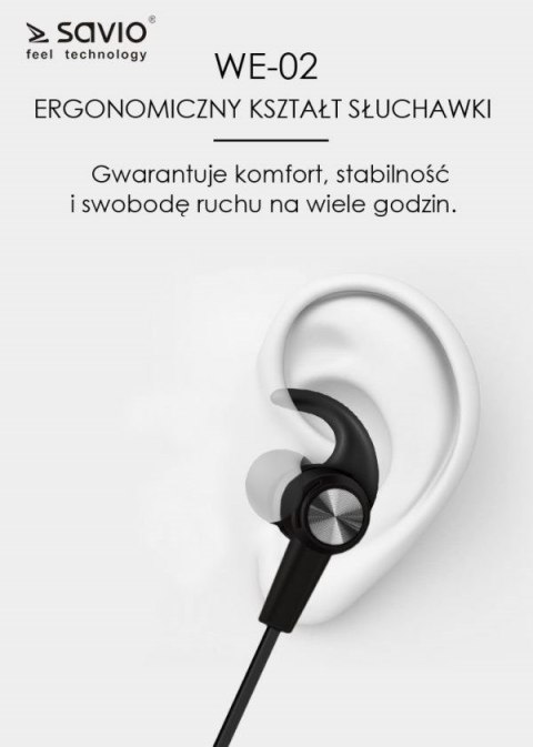 Słuchawki bezprzewodowe, z mikrofonem, ze słuchawkami SAVIO WE-02 (dokanałowe, sportowe; bezprzewodowe, Bluetooth; TAK, z wbudow Słuchawki bezprzewodowe, z mikrofonem, ze słuchawkami SAVIO WE-02 (dokanałowe, sportowe; bezprzewodowe, Bluetooth; TAK, z wbudow