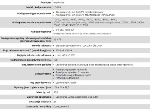 EVERACTIVE ŁADOWARKA DO AKUMULATORKÓW CYLINDRYCZNYCH LI-ION LC200 EVERACTIVE ŁADOWARKA DO AKUMULATORKÓW CYLINDRYCZNYCH LI-ION LC200