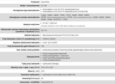 EVERACTIVE ŁADOWARKA DO AKUMULATORÓW CYLINDRYCZNYCH LI-ION LC100 EVERACTIVE ŁADOWARKA DO AKUMULATORÓW CYLINDRYCZNYCH LI-ION LC100
