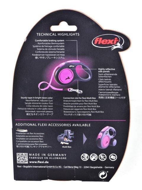 Smycz flexi automatyczna New Neon S taśma 5 m - dla psa do 15 kg, kolor różowy Smycz flexi automatyczna New Neon S taśma 5 m - dla psa do 15 kg, kolor różowy