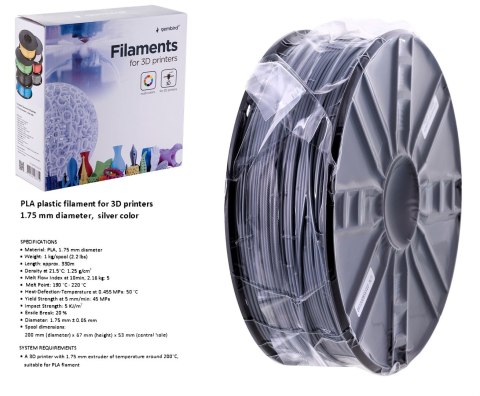 GEMBIRD FILAMENT PLA 1.75MM, 1KG, KOLOR SREBRNY GEMBIRD FILAMENT PLA 1.75MM, 1KG, KOLOR SREBRNY