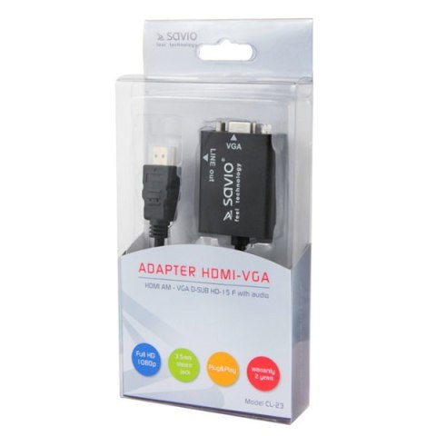 Adapter SAVIO cl-23 (HDMI M - D-Sub (VGA) F; 0,20m; kolor czarny) Adapter SAVIO cl-23 (HDMI M - D-Sub (VGA) F; 0,20m; kolor czarny)