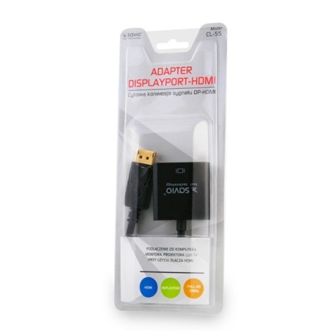 Adapter SAVIO cl-55 (HDMI F - DisplayPort M; 0,10m; kolor czarny) Adapter SAVIO cl-55 (HDMI F - DisplayPort M; 0,10m; kolor czarny)
