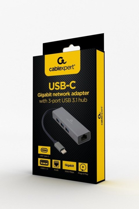 GEMBIRD ADAPTER USB-C -> LAN RJ-45 1GB NA KABLU HUB 3X USB 3.1 GEMBIRD ADAPTER USB-C -> LAN RJ-45 1GB NA KABLU HUB 3X USB 3.1
