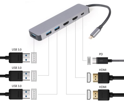 GEMBIRD MULTI ADAPTER USB TYP-C 3W1 SREBRNY HUB USB, HDMI, PD (100W) GEMBIRD MULTI ADAPTER USB TYP-C 3W1 SREBRNY HUB USB, HDMI, PD (100W)