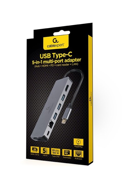 GEMBIRD MULTI ADAPTER USB TYP-C 5W1 HUB, HDMI, CZYTNIK KART, LAN, PD - 100W) GEMBIRD MULTI ADAPTER USB TYP-C 5W1 HUB, HDMI, CZYTNIK KART, LAN, PD - 100W)