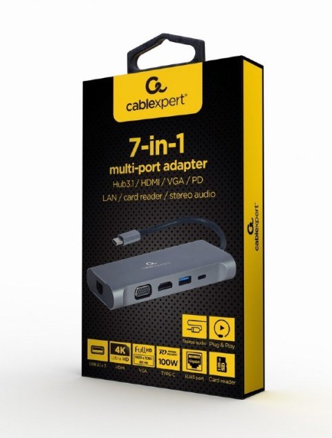 GEMBIRD MULTI ADAPTER USB TYPE-C 7 W 1 (HUB3.0 + HDMI + VGA + PD + CZYTNIK KART + DŹWIĘK STEREO), SZARY GEMBIRD MULTI ADAPTER USB TYPE-C 7 W 1 (HUB3.0 + HDMI + VGA + PD + CZYTNIK KART + DŹWIĘK STEREO), SZARY