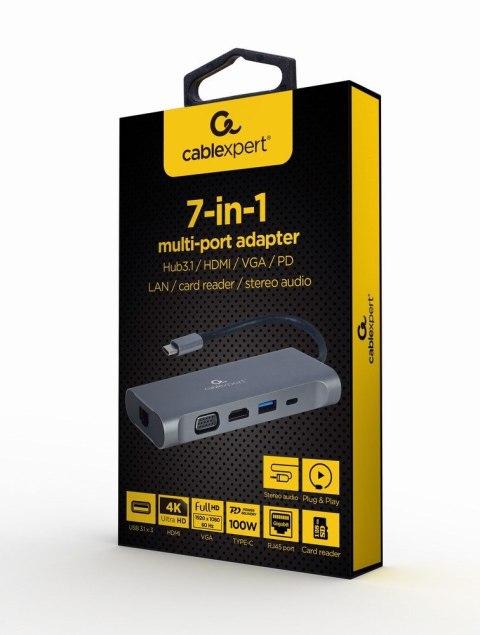 GEMBIRD MULTI ADAPTER USB TYPE-C 7 W 1 (HUB3.0 + HDMI + VGA + PD + CZYTNIK KART + DŹWIĘK STEREO), SZARY GEMBIRD MULTI ADAPTER USB TYPE-C 7 W 1 (HUB3.0 + HDMI + VGA + PD + CZYTNIK KART + DŹWIĘK STEREO), SZARY