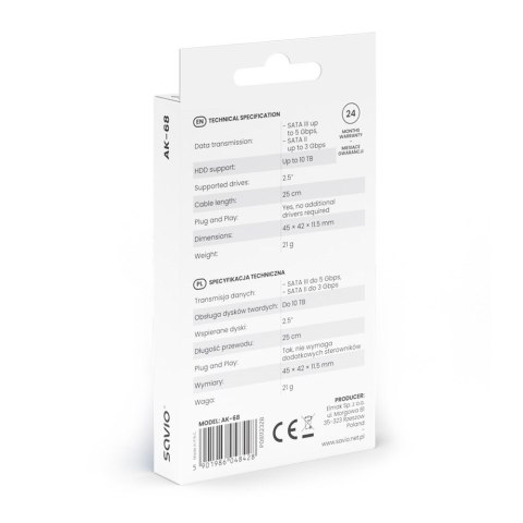 SAVIO ADAPTER SATA (F) - USB-A 3.1 GEN 1 (M) DO DYSKÓW 2.5" AK-68 SAVIO ADAPTER SATA (F) - USB-A 3.1 GEN 1 (M) DO DYSKÓW 2.5" AK-68