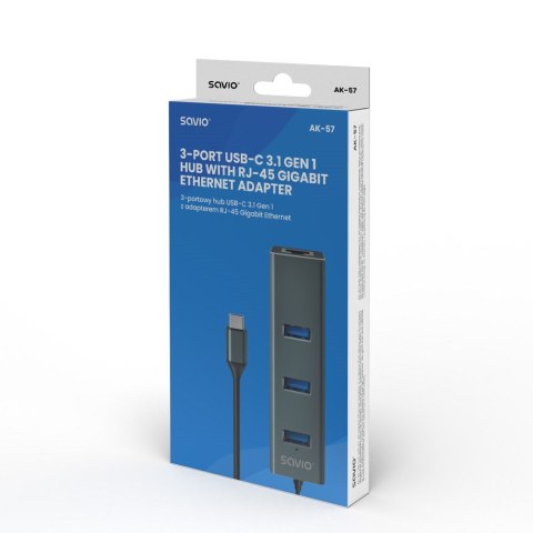 SAVIO AK-57 3-PORTOWY HUB USB-C Z ADAPTEREM RJ-45 SAVIO AK-57 3-PORTOWY HUB USB-C Z ADAPTEREM RJ-45