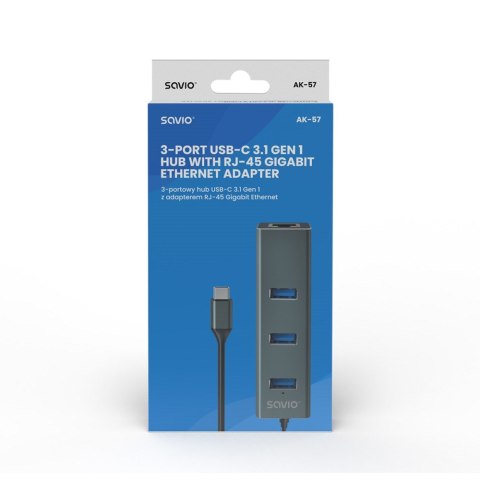 SAVIO AK-57 3-PORTOWY HUB USB-C Z ADAPTEREM RJ-45 SAVIO AK-57 3-PORTOWY HUB USB-C Z ADAPTEREM RJ-45