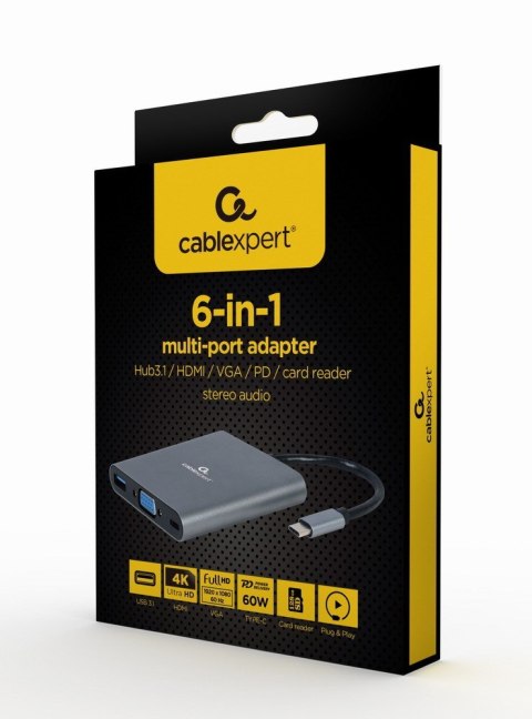 GEMBIRD MULTI ADAPTER USB TYP-C 6 W 1 (HUB3.1 + HDMI + VGA + PD + CZYTNIK KART + DŹWIĘK STEREO), SZARY GEMBIRD MULTI ADAPTER USB TYP-C 6 W 1 (HUB3.1 + HDMI + VGA + PD + CZYTNIK KART + DŹWIĘK STEREO), SZARY