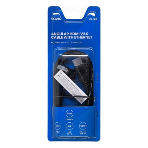 SAVIO KABEL HDMI V2.0 KĄTOWY 4K OFC CZARNY, ZŁOTE KOŃCÓWKI, ETHERNET/3D 1,5M CL-108 SAVIO KABEL HDMI V2.0 KĄTOWY 4K OFC CZARNY, ZŁOTE KOŃCÓWKI, ETHERNET/3D 1,5M CL-108