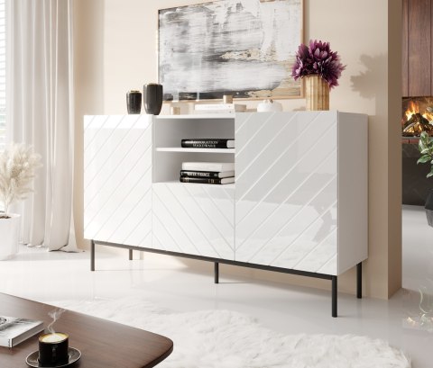 Komoda ABETO na czarnym stelażu ze stali 150x42x90 biały/biały połysk Komoda ABETO na czarnym stelażu ze stali 150x42x90 biały/biały połysk