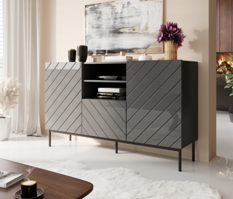 Komoda ABETO na czarnym stelażu ze stali 150x42x90 grafit/grafit połysk Komoda ABETO na czarnym stelażu ze stali 150x42x90 grafit/grafit połysk