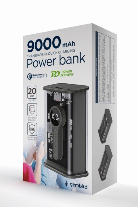 GEMBIRD POWERBANK 9000 MAH TRANSPARENTNY, SZYBKIE ŁADOWANIE QC3.0, 9000 MAH, CZARNY GEMBIRD POWERBANK 9000 MAH TRANSPARENTNY, SZYBKIE ŁADOWANIE QC3.0, 9000 MAH, CZARNY