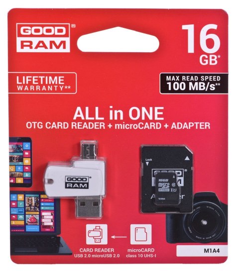 Karta pamięci z adapterem i czytnikiem kart GoodRam All in one M1A4-0160R12 (16GB; Class 10; Adapter, Czytnik kart MicroSDHC, Ka Karta pamięci z adapterem i czytnikiem kart GoodRam All in one M1A4-0160R12 (16GB; Class 10; Adapter, Czytnik kart MicroSDHC, Ka