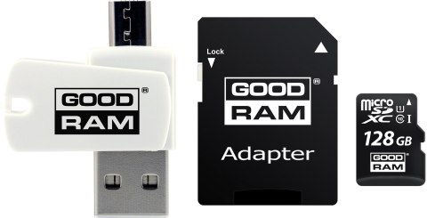 Karta pamięci z adapterem i czytnikiem kart GoodRam All in one M1A4-1280R12 (128GB; Class 10; Adapter, Czytnik kart MicroSDHC, K Karta pamięci z adapterem i czytnikiem kart GoodRam All in one M1A4-1280R12 (128GB; Class 10; Adapter, Czytnik kart MicroSDHC, K
