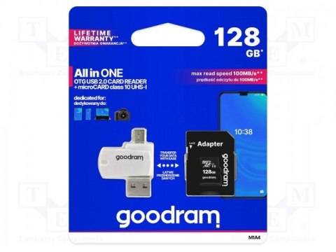 Karta pamięci z adapterem i czytnikiem kart GoodRam All in one M1A4-1280R12 (128GB; Class 10; Adapter, Czytnik kart MicroSDHC, K Karta pamięci z adapterem i czytnikiem kart GoodRam All in one M1A4-1280R12 (128GB; Class 10; Adapter, Czytnik kart MicroSDHC, K
