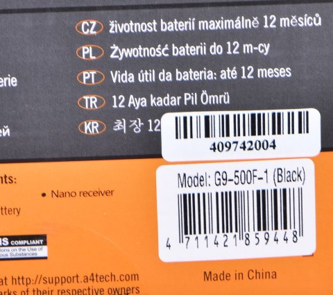 Mysz A4 TECH V-track G9-500F-1 A4TMYS40974 (optyczna; 2000 DPI; kolor czarny) Mysz A4 TECH V-track G9-500F-1 A4TMYS40974 (optyczna; 2000 DPI; kolor czarny)