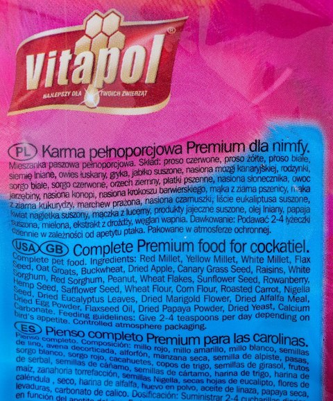 VITAPOL Premium pokarm pełnowartościowy dla nimfy 1kg VITAPOL Premium pokarm pełnowartościowy dla nimfy 1kg