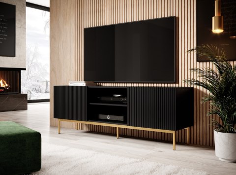 Szafka RTV PAFOS na złotym stelażu ze stali 150x40x60 czarny mat Szafka RTV PAFOS na złotym stelażu ze stali 150x40x60 czarny mat