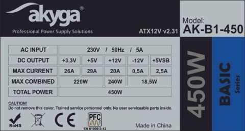 Zasilacz Akyga AK-B1-450 (450 W; Pasywne; 120 mm) Zasilacz Akyga AK-B1-450 (450 W; Pasywne; 120 mm)