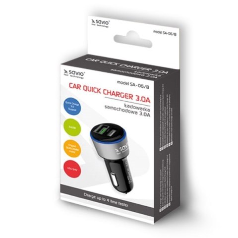 Ładowarka samochodowa do smartfona SAVIO Quick Charge 3.0 SA-06/B (2400 mA, 3000 mA; USB) Ładowarka samochodowa do smartfona SAVIO Quick Charge 3.0 SA-06/B (2400 mA, 3000 mA; USB)