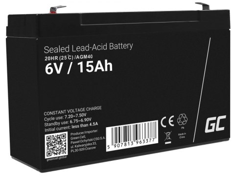 GREEN CELL AKUMULATOR ŻELOWY AGM40 6V 15AH GREEN CELL AKUMULATOR ŻELOWY AGM40 6V 15AH