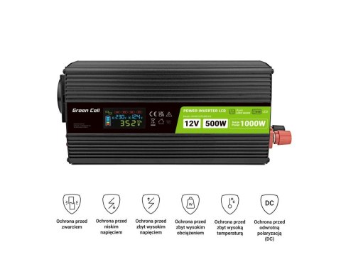 GREEN CELL PRZETWORNICA LCD 12V/230V 500W/1000W CZYSTY SINUS INVGC12P500LCD GREEN CELL PRZETWORNICA LCD 12V/230V 500W/1000W CZYSTY SINUS INVGC12P500LCD