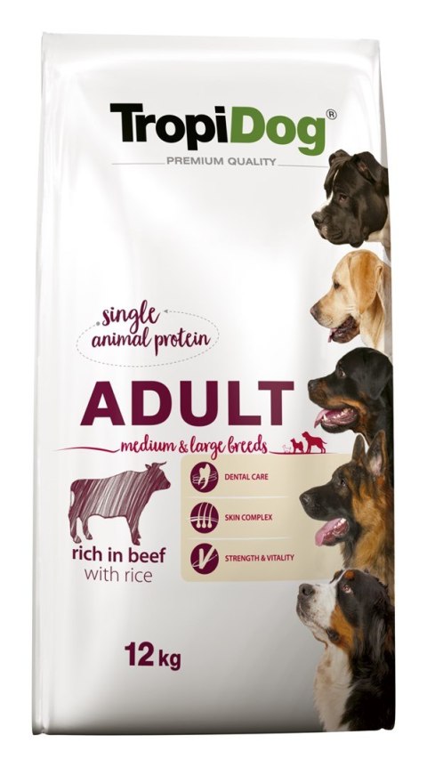 TROPIDOG Premium Adult Medium & Large Wołowina z ryżem - sucha karma dla psa - 12 kg