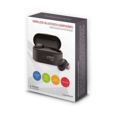 Słuchawki SAVIO TWS-04 (bluetooth; bezprzewodowe, Bluetooth; z wbudowanym mikrofonem; kolor czarny Słuchawki SAVIO TWS-04 (bluetooth; bezprzewodowe, Bluetooth; z wbudowanym mikrofonem; kolor czarny