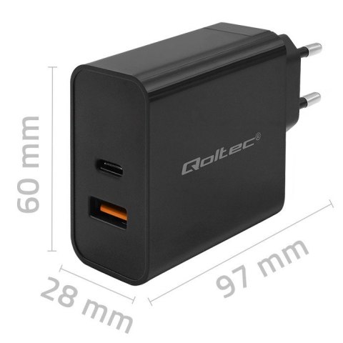 QOLTEC ŁADOWARKA SUPER QUICK PD | 1XUSB-C | 1XUSB | 65W | 5-20V | 1.5-3.25A | CZARNA QOLTEC ŁADOWARKA SUPER QUICK PD | 1XUSB-C | 1XUSB | 65W | 5-20V | 1.5-3.25A | CZARNA