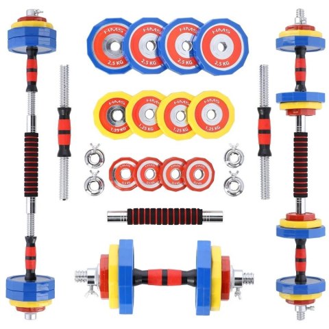 Kolorowe sztangielki HMS SKC20 z funkcją sztangi 2x10kg w walizce Kolorowe sztangielki HMS SKC20 z funkcją sztangi 2x10kg w walizce