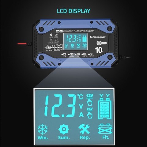 QOLTEC ŁADOWARKA DO AKUMULATORA STD AGM GEL LIFEPO4 | PROSTOWNIK Z FUNKCJĄ NAPRAWY | 12-24V | 10A | LCD|9-STOPNIOWE ŁADOWANIE QOLTEC ŁADOWARKA DO AKUMULATORA STD AGM GEL LIFEPO4 | PROSTOWNIK Z FUNKCJĄ NAPRAWY | 12-24V | 10A | LCD|9-STOPNIOWE ŁADOWANIE