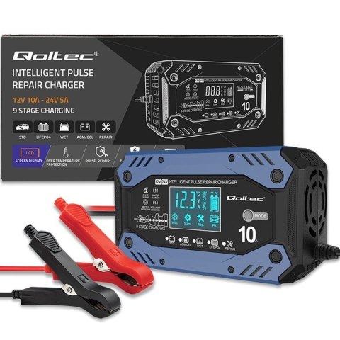 QOLTEC ŁADOWARKA DO AKUMULATORA STD AGM GEL LIFEPO4 | PROSTOWNIK Z FUNKCJĄ NAPRAWY | 12-24V | 10A | LCD|9-STOPNIOWE ŁADOWANIE QOLTEC ŁADOWARKA DO AKUMULATORA STD AGM GEL LIFEPO4 | PROSTOWNIK Z FUNKCJĄ NAPRAWY | 12-24V | 10A | LCD|9-STOPNIOWE ŁADOWANIE