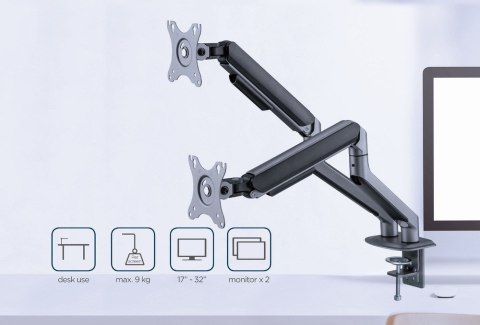 GEMBIRD BIURKOWE REGULOWANE RAMIĘ/UCHWYT NA 2 MONITORY 17-32, VESA 100X100MM, DO 9 KG, KOLOR SZARY GEMBIRD BIURKOWE REGULOWANE RAMIĘ/UCHWYT NA 2 MONITORY 17-32, VESA 100X100MM, DO 9 KG, KOLOR SZARY