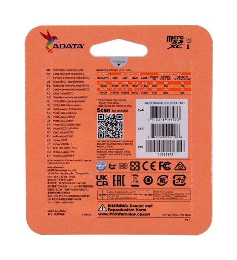 Karta pamięci ADATA PREMIER AUSDX64GUICL10A1-RA1 (64GB; Class 10; Adapter) Karta pamięci ADATA PREMIER AUSDX64GUICL10A1-RA1 (64GB; Class 10; Adapter)