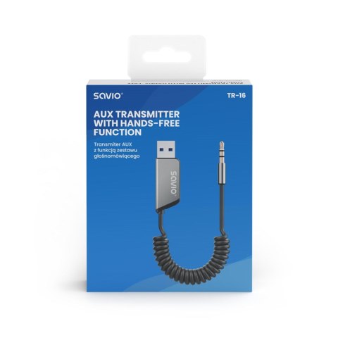 SAVIO TRANSMITER AUX, USB, BLUETOOTH 5.3, FUNKCJA ZESTAWU GŁOŚNOMÓWIĄCEGO, TR-16 SAVIO TRANSMITER AUX, USB, BLUETOOTH 5.3, FUNKCJA ZESTAWU GŁOŚNOMÓWIĄCEGO, TR-16