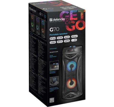 DEFENDER GŁOŚNIK G70 BLUETOOTH 12W BT/FM/TF/MIC LIGHTS 65171 DEFENDER GŁOŚNIK G70 BLUETOOTH 12W BT/FM/TF/MIC LIGHTS 65171