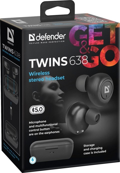 DEFENDER SŁUCHAWKI BEZPRZEWODOWE Z MIKROFONEM "TWS" TWINS 638 CZARNE 63638 DEFENDER SŁUCHAWKI BEZPRZEWODOWE Z MIKROFONEM "TWS" TWINS 638 CZARNE 63638