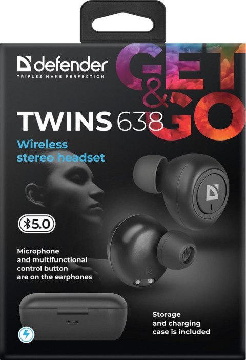 DEFENDER SŁUCHAWKI BEZPRZEWODOWE Z MIKROFONEM "TWS" TWINS 638 CZARNE 63638 DEFENDER SŁUCHAWKI BEZPRZEWODOWE Z MIKROFONEM "TWS" TWINS 638 CZARNE 63638