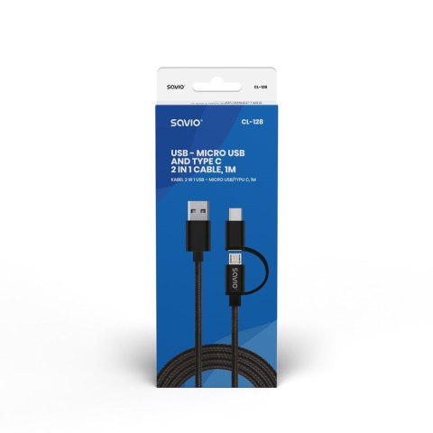 Kabel SAVIO CL-128 (Micro USB typu B, USB typu C - USB 2.0 typu A ; 1m; kolor czarny) Kabel SAVIO CL-128 (Micro USB typu B, USB typu C - USB 2.0 typu A ; 1m; kolor czarny)